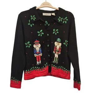 Victoria Jones Petite Nutcracker Christmas Cardigan Sweater Vintage Ugly PM